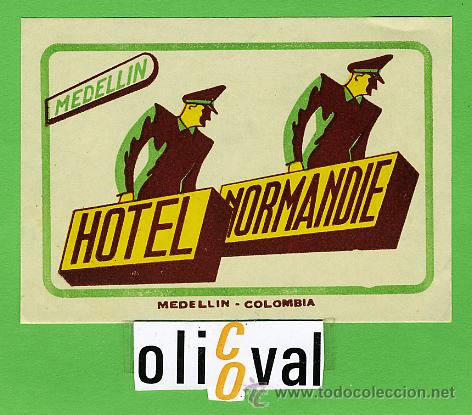 Etiquetas antiguas: ETIQUETA HOTEL - COLOMBIA - HOTEL NORMANDIE -MEDELLIN - ILUSTRACION -100X70mm -