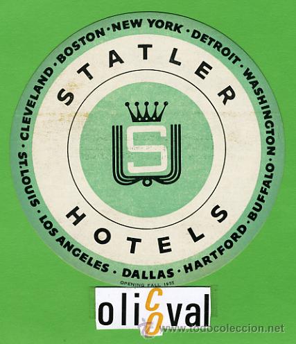 Etiquetas antiguas: Etiqueta Hotel-USA-HOTEL  STATLER - NEW YORK - ILUSTRACION DATADA 1955-  105  mm
