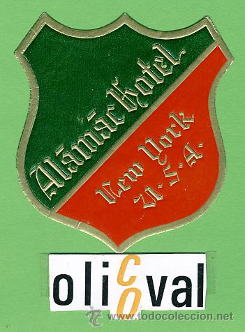 Etiquetas antiguas: Etiqueta Hotel-USA-  ALAMAC HOTEL - NEW YORK  ILUSTRACION  IRREGULAR TROQUEL - 72 X 71 mm