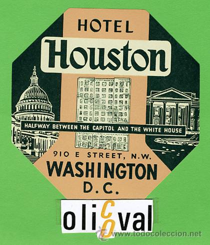Etiquetas antiguas: Etiqueta Hotel-USA- HOTEL  HOUSTON-WASHINGTON -ILUSTRACION  TROQUELADA- 90 X 90 mm