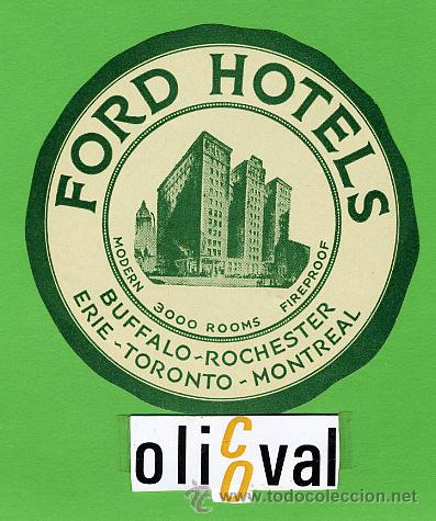 Etiquetas antiguas: Etiqueta Hotel-USA- FORD  HOTEL   -BUFALO- -ILUSTRACION - 80  mm