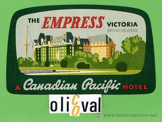 Etiquetas antiguas: Etiqueta Hotel- CANADA - HOTEL  THE EMPRESS VICTORIA   -COLUMBIA- ILUSTRACION TROQUELADA 120X 75  mm
