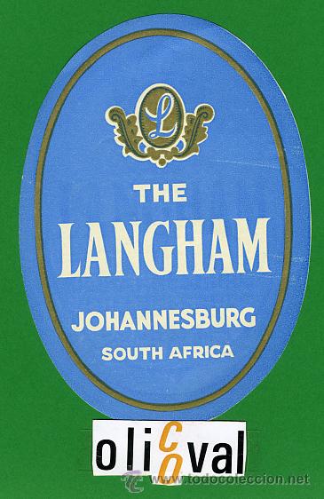 Etiquetas antiguas: Etiqueta Hotel   - SOUTH AFRICA -HOTEL  THE LANGHAN-JOHANNESBURG- ILUSTRACION -OVAL 115 mm
