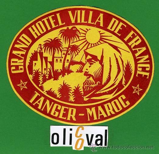 Etiquetas antiguas: Etiqueta Hotel - MARRUECOS - HOTEL VILA DE FRANCE -TANGER - ILUSTRACION- TIPO -OVAL 110 mm
