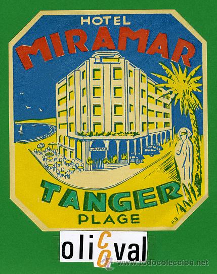 Etiquetas antiguas: Etiqueta Hotel - MARRUECOS - HOTEL MIRAMAR -TANGER PLAYA - ILUSTRACION- HUECO100X 110 mm