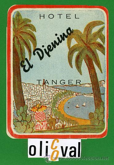Etiquetas antiguas: Etiqueta Hotel   - MARRUECOS-HOTEL EL DJENINA -TANGER -  -ILUSTRACION -HUECO-  100X 65 mm