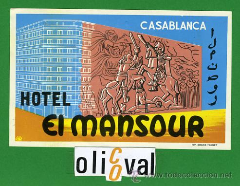 Etiquetas antiguas: Etiqueta Hotel - MARRUECOS-HOTEL EL MANSOUR -CASABLANCA-ILUSTRACION DATADA 120 X 75 mm