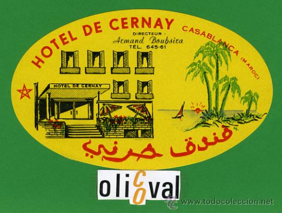 Etiquetas antiguas: Etiqueta Hotel - MARRUECOS- HOTEL DE CERNAY -CASABLANCA-ILUSTRACION - OVAL mm