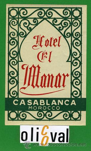 Etiquetas antiguas: Etiqueta Hotel - MARRUECOS- HOTEL EL MANAR -CASABLANCA-ILUSTRACION - 72 X 106 mm