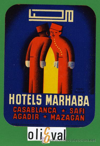 Etiquetas antiguas: Etiqueta Hotel - MARRUECOS- HOTELS MARHABA -CASABLANCA-ILUSTRACION - 115X 135 mm