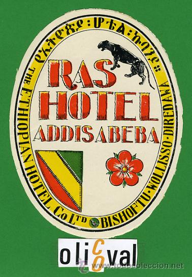 Etiquetas antiguas: ETIQUETA  HOTEL -ETHIOPIA  -RAS HOTEL -ADDISABEBA -ILUSTRACION -HUECO 130- mm -RARISIMA