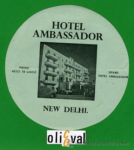 Etiquetas antiguas: ETIQUETA  HOTEL -INDIA - HOTEL AMBASSADOR -NEW DELHI  -ILUSTRACION  FOTOGRAFICAS -  140 mm