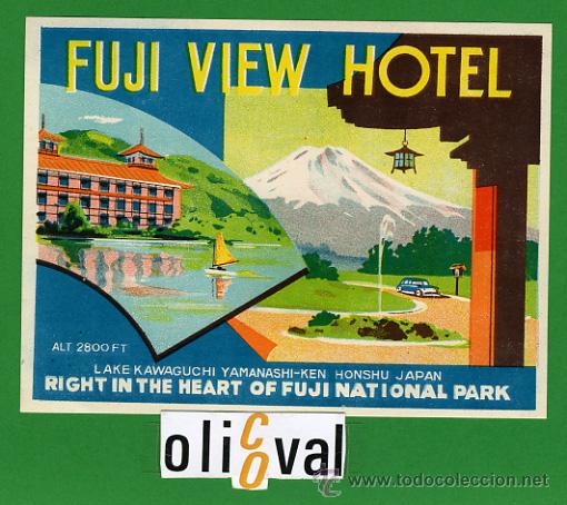 Etiquetas antiguas: ETIQUETA HOTEL -JAPON - FUJI VIEW HOTEL - HONSHU- ILUSTRACION - 125X 95 mm