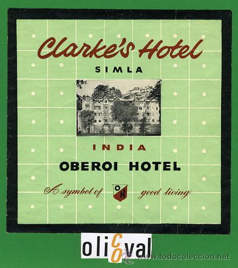Etiquetas antiguas: ETIQUETA  HOTEL -INDIA  -CLARKE&acute;S HOTEL-SIMLA-ILUSTRACION - 140X140mm