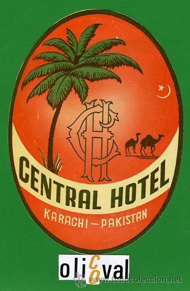 Etiquetas antiguas: ETIQUETA  HOTEL -PAKISTAN-CENTRAL HOTEL- KARACHI-ILUSTRACION - OVAL 150 mm BONITA ILUSTRACION