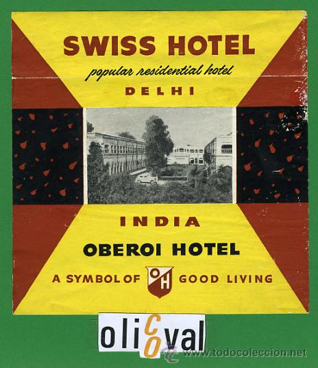 Etiquetas antiguas: ETIQUETA  HOTEL  -INDIA - SWISS-HOTEL  - NEW DELHI LUSTRACION  FOTOGRAFICA 125X 125mm