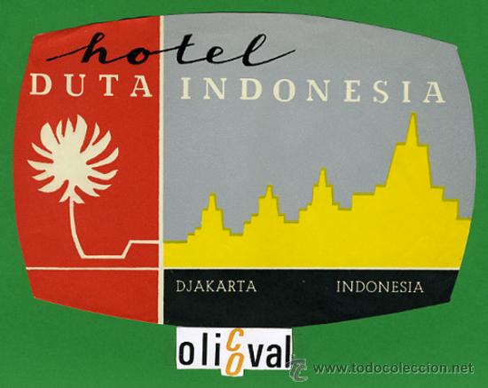 Etiquetas antiguas: ETIQUETA  HOTEL  -INDONESIA -HOTEL DUTA INDONESIA - DJAKARTA-ILUSTRACION   175X 120mm