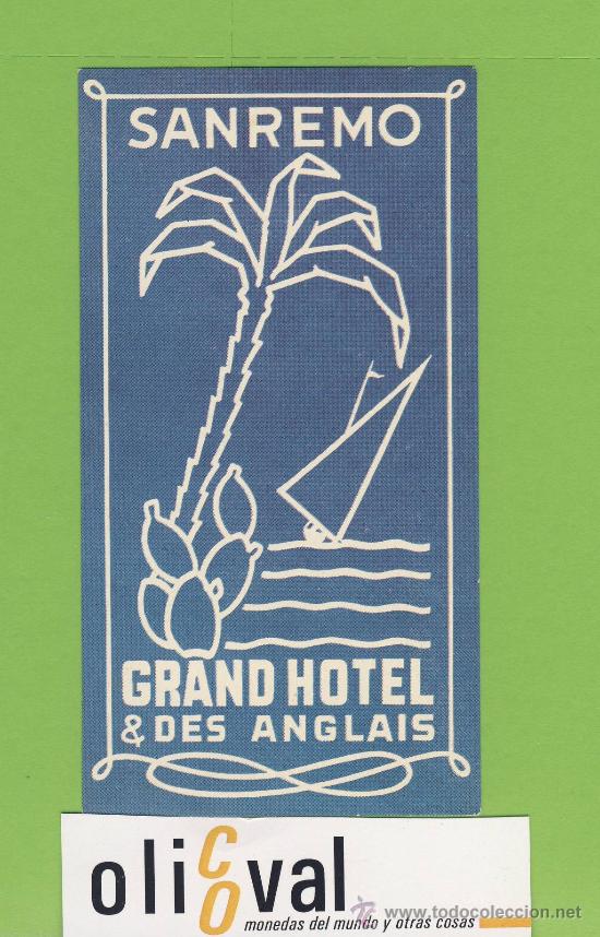 Etiquetas antiguas: ETIQUETA  HOTEL -ITALIA -HOTEL DES ANGLAIS  -SAN REMO   - ILUSTRACION   - 65X125 mm