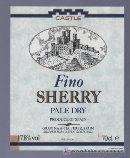 Etichette antiche: ETIQUETA DE VINO FINO SHERRY PALE DRY. PRODUCE GRAVINA & CIA. JEREZ, ESPA&Ntilde;A PARA CASTLE, ESCOCIA.