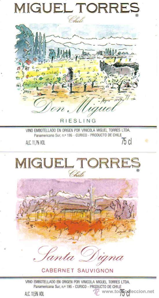 Etiquetas antiguas: 4 Etiquetas Vino Miguel Torres - Chile