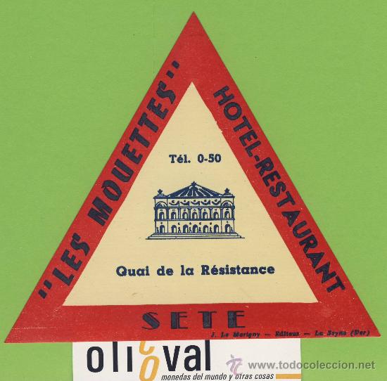 Etiquetas antiguas: ETIQUETA  HOTEL -FRANCIA -HOTEL LES MOUETTES- SETE -  ILUSTRACION 110X -125 mm