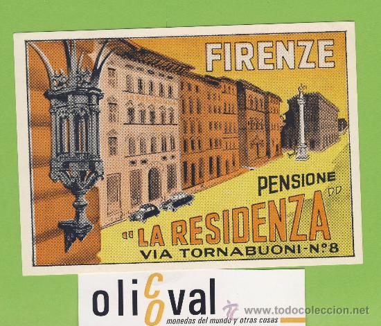 Etiquetas antiguas: Etiqueta Hotel-ITALIA -PENSIONE-LA RESIDENZA-FIRENZE -ILUSTRACION  DATADA- MEDIDAS  1187X 82 mm