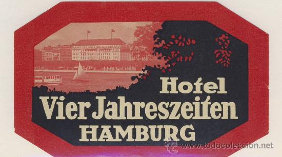 Etiquetas antiguas: Etiqueta Hotel -ALEMANIA - HOTELVIER JAHERESZITEN-HAMBURG-ILUSTR. PEQUE&Ntilde;A - MEDIDAS75 X 55 mm