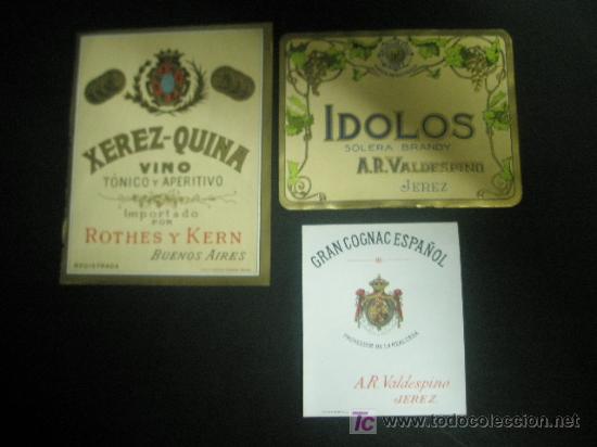 Etiquetas antiguas: 3 ETIQUETAS DE VINOS Y LICORES MUY ANTIGUAS COG&Ntilde;AC ESPA&Ntilde;OL BRANDY VALDESPINO XEREZ QUINA IMPORTADO
