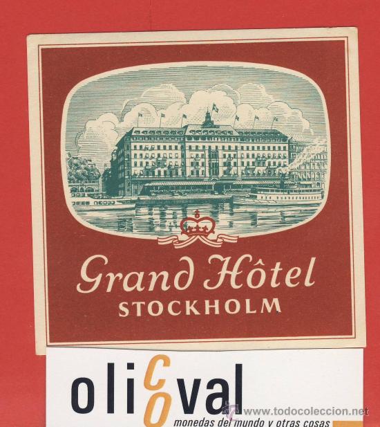 Etiquetas antiguas: ETIQUETA  HOTEL -SUECIA - GRAND HOTEL - ESTOCKHOLM-ILUSTRACION- 80X 80  mm