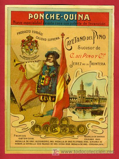 Etiquetas antiguas: ETIQUETA LICOR , PONCHE QUINA, CAYETANO DEL PINO , JEREZ , E766