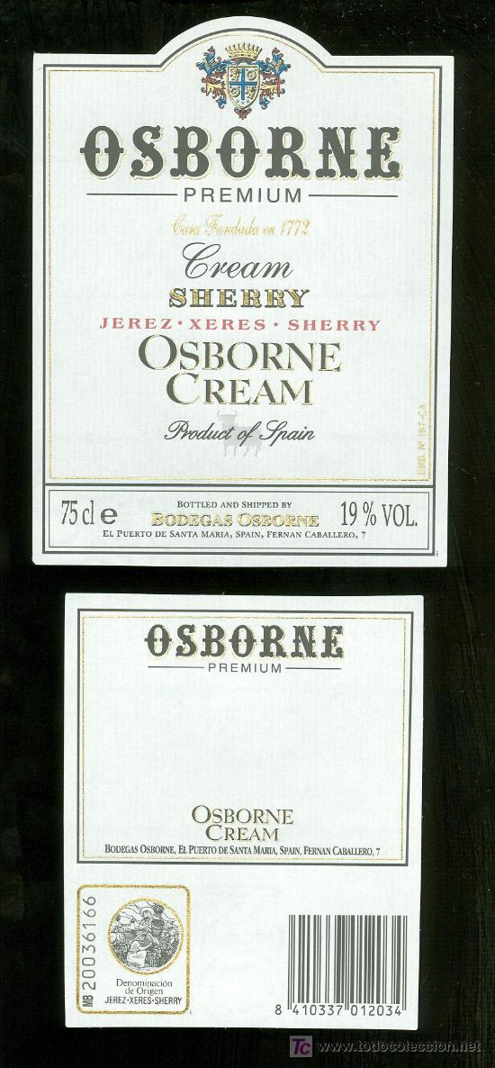 Etichette antiche: ETIQUETA DE CREAM. OSBORNE. EL PUERTO DE SANTA MARIA. ESPA&Ntilde;A.