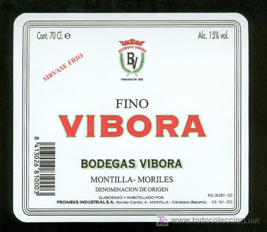 Etichette antiche: ETIQUETA DE FINO VIBORA. BODEGAS VIBORA. MONTILLA MORILES. ESPA&Ntilde;A.
