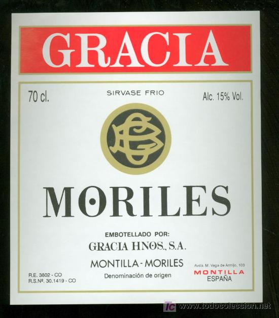 Etichette antiche: ETIQUETA DE MORILES. GRACIA HNOS. MONTILLA MORILES. ESPA&Ntilde;A.