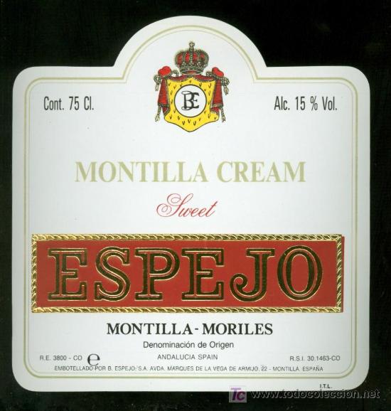 Etichette antiche: ETIQUETA DE MONTILLA CREAM ESPEJO. BODEGAS ESPEJO. MONTILLA MORILES. ESPA&Ntilde;A.