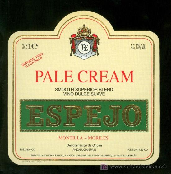 Etichette antiche: ETIQUETA DE PALE CREAM ESPEJO. BODEGAS ESPEJO. MONTILLA MORILES. ESPA&Ntilde;A.
