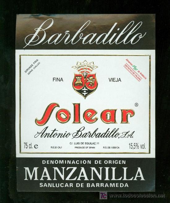 Old Labels: ETIQUETA DE MANZANILLA FINA VIEJA SOLEAR. ANTONIO BARBADILLO. SANLUCAR. ESPA&Ntilde;A.