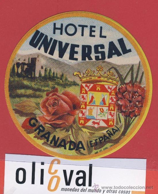 Etiquetas antiguas: ETIQUETA HOTEL-ESPA&Ntilde;A-HOTEL UNIVERSAL-GRANADA --ILUSTRACION-PIE DE IMPRENTA-- 82mm--