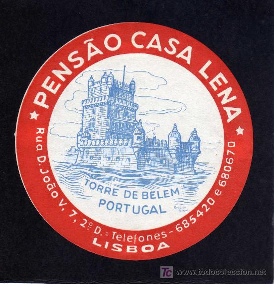 Etiquetas antiguas: ETIQUETA DE HOTEL -   HOTEL PENSAO CASA LENA - TORRE DE BELEM - LISBOA - PORTUGAL.
