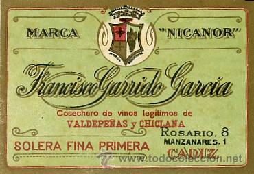 Etiquetas antiguas: ETIQUETA VINO SOLERA FINA PRIMERA. MARCA NICANOR. FRANCISCO GARRIDO  GARCIA. CADIZ. (ET-103)