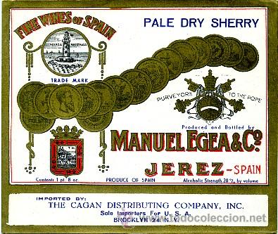 Etiquetas antiguas: ETIQUETA VINO PALE DRY SHERRY. MANUEL EGEA & CO. JEREZ (ET-112,4)