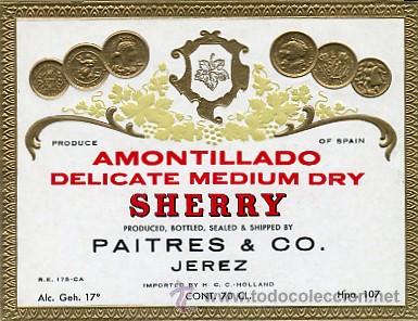 Etiquetas antiguas: ETIQUETA VINO AMONTILLADO DELICATE MEDIUM DRY SHERRY. PAITRES & CO. JEREZ (ET-116,8)