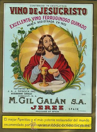 Etiquetas antiguas: ETIQUETA VINO DE JESUCRISTO. M. GIL GALAN S.A. JEREZ.  (ET-148)