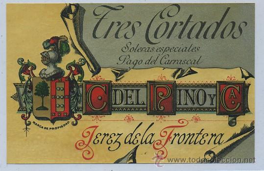 Etiquetas antiguas: ETIQUETA VINO TRES CORTADOS SOLERAS ESPECIALES. PAGO DEL CARRASCAL. DEL PINO Y JEREZ ET-0197 ,5