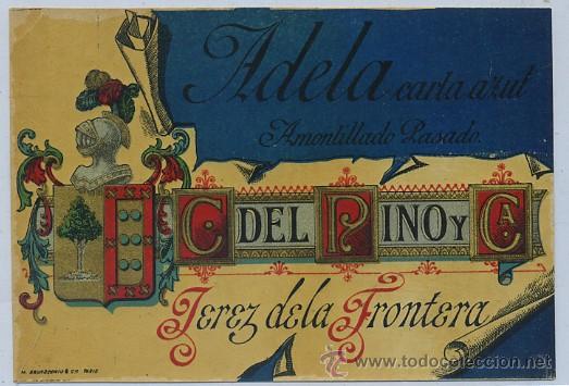 Etiquetas antiguas: ETIQUETA VINO ADELA CARTA AZUL. AMONTILLADO PASADO. C. DEL PINO Y CA. JEREZ (ET-200,3)