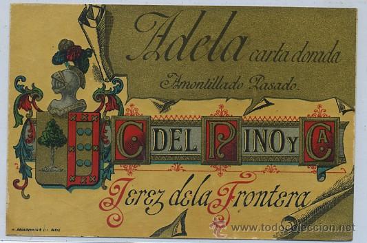 Etiquetas antiguas: ETIQUETA VINO ADELA CARTA DORADA. AMONTILLADO PASADO. C. DEL PINO Y CA. JEREZ (ET-0201)