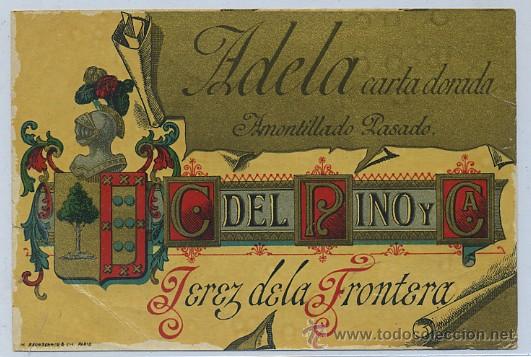 Etiquetas antiguas: ETIQUETA VINO ADELA CARTA DORADA. AMONTILLADO PASADO. C. DEL PINO Y CA. JEREZ (ET-0202)