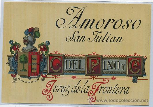 Etiquetas antiguas: ETIQUETA VINO AMOROSO SAN JULIAN. C. DEL PINO Y CA. JEREZ (ET-204,2)