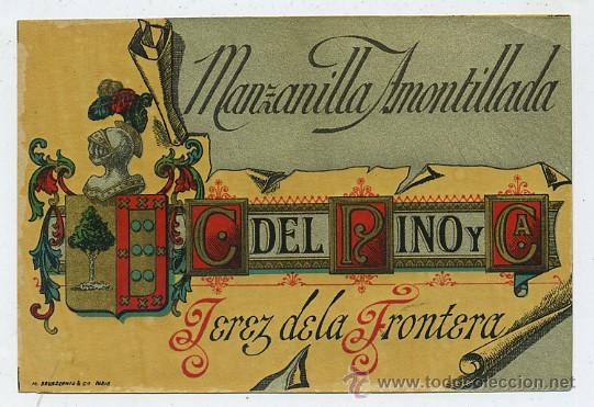 Etiquetas antiguas: ETIQUETA VINO MANZANILLA AMONTILLADA. C. DEL PINO Y CA. JEREZ (ET-216,4)