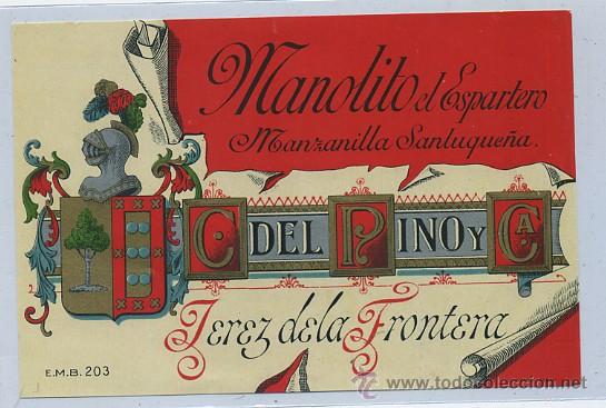 Etiquetas antiguas: ETIQUETA VINO MANOLITO EL ESPARTERO. MANZANILLA SANLUQUE&Ntilde;A. C. DEL PINO Y CA. JEREZ (ET-219,5)