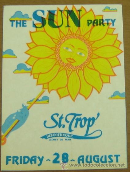 Etiquetas antiguas: PEGATINA ADHESIVO SUN PARTY DISCOTHEQUE ST.TROP LLORET DE MAR - a&ntilde;os 1980s - original -sin despegar